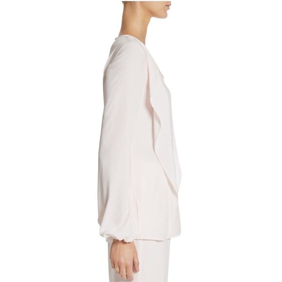 St. John Collection Satin Crepe Blush Pink Long Sleeve Ruffle Blouse Top Size XL - Picture 3 of 11